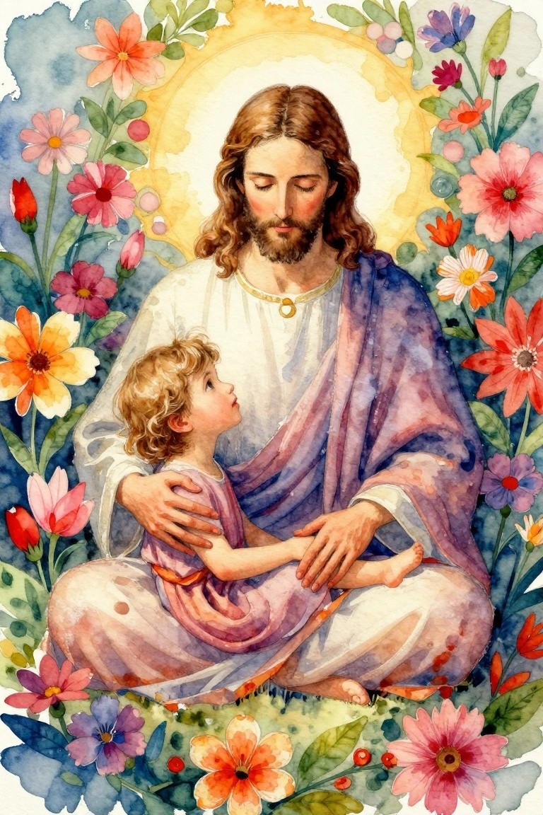 Watercolor painting of Jesus in white and purple robes holding a young child in a pink dress on his lap, framed by colorful flowers and a glowing halo.