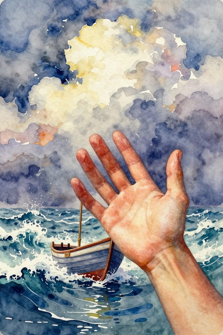 Watercolor of a large hand extending from stormy purple-blue clouds toward a small blue boat in crashing waves below, with yellow light breaking through.