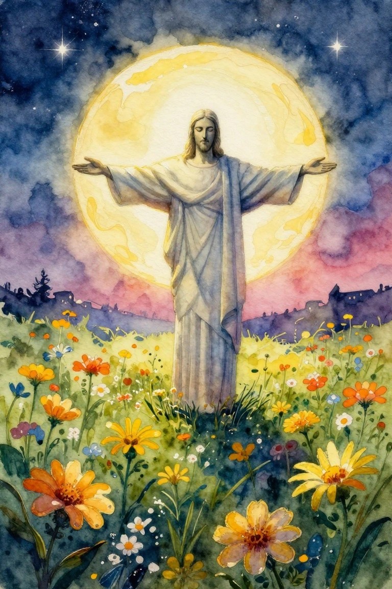 Watercolor painting of Jesus standing with arms outstretched before a glowing full moon in a starry purple sky, with colorful wildflowers in the foreground and silhouetted landscape behind.