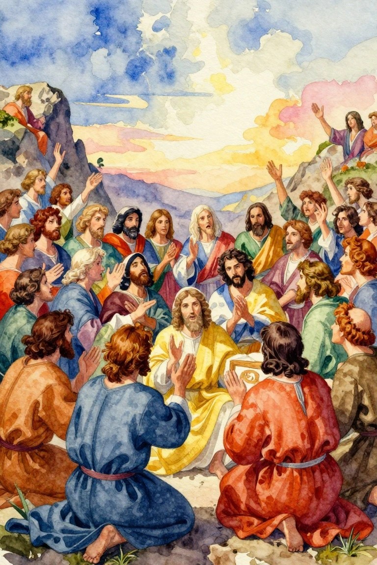Watercolor painting of Jesus in yellow robes teaching from a scroll to a surrounding crowd of disciples on a mountainside at sunset.