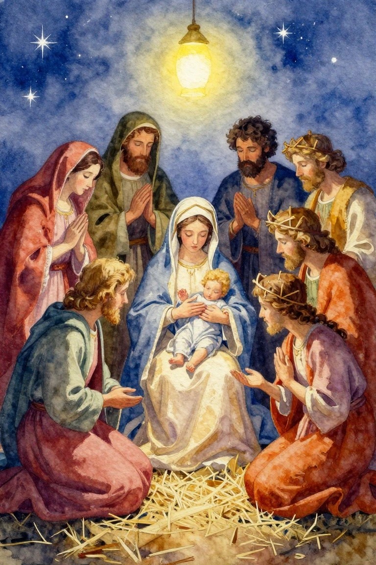 Watercolor-style Nativity painting showing Mary holding baby Jesus in a stable, surrounded by kneeling Joseph, shepherds, wise men, and women under a starry sky lit by a lantern.