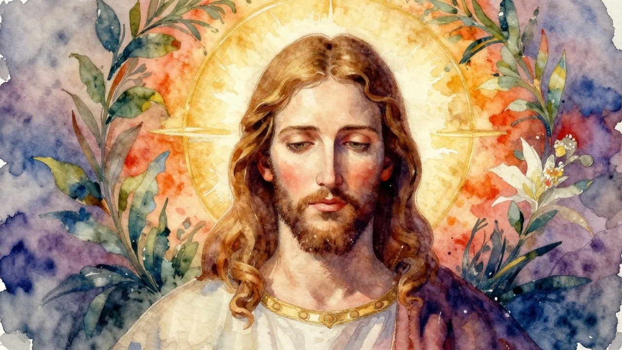 Watercolor portrait of Jesus with flowing hair and beard, golden halo decorated with olive leaves and berries, white robe with purple drape on blue-tinted background.