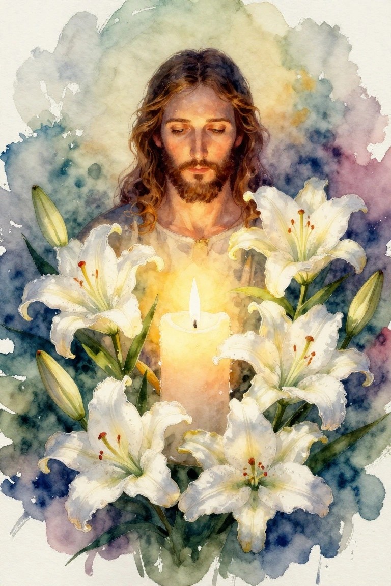 Watercolor portrait of Jesus with long hair and beard, eyes closed, encircled by white lilies and a candle with yellow flame against blended blue-purple background.