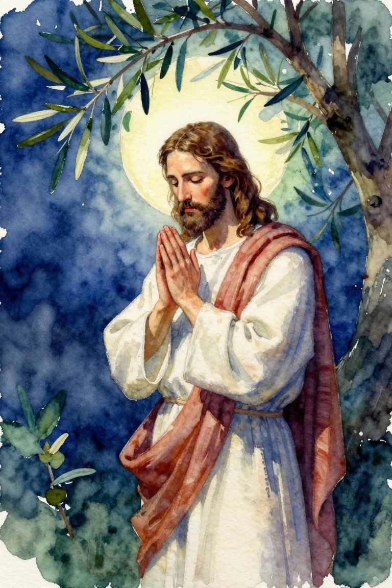 Watercolor painting of Jesus in white robe and red sash kneeling with hands clasped in prayer under olive tree branches at night, with glowing yellow halo and blue sky background.