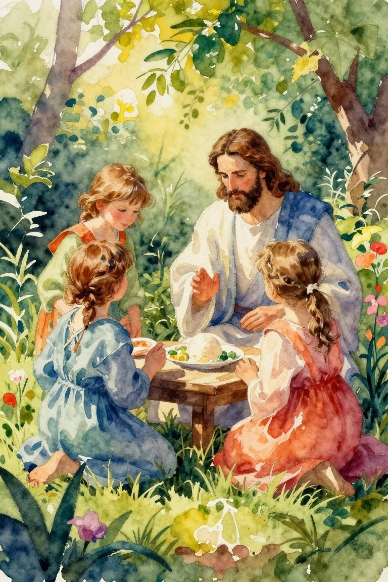 Watercolor of Jesus in white robes at a table with rice and vegetables, surrounded by four girls in colorful dresses in a green forest with flowers.