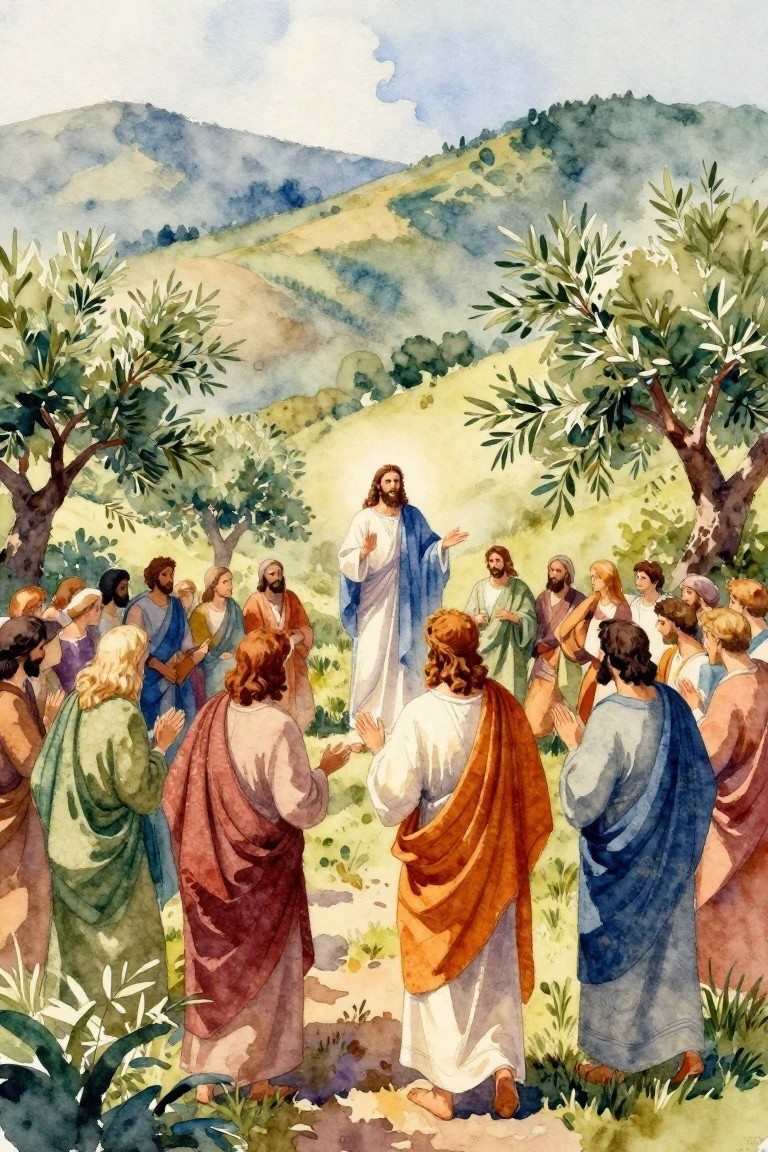 Watercolor painting of Jesus in white robes preaching to disciples gathered around him in an olive grove with rolling green hills behind.
