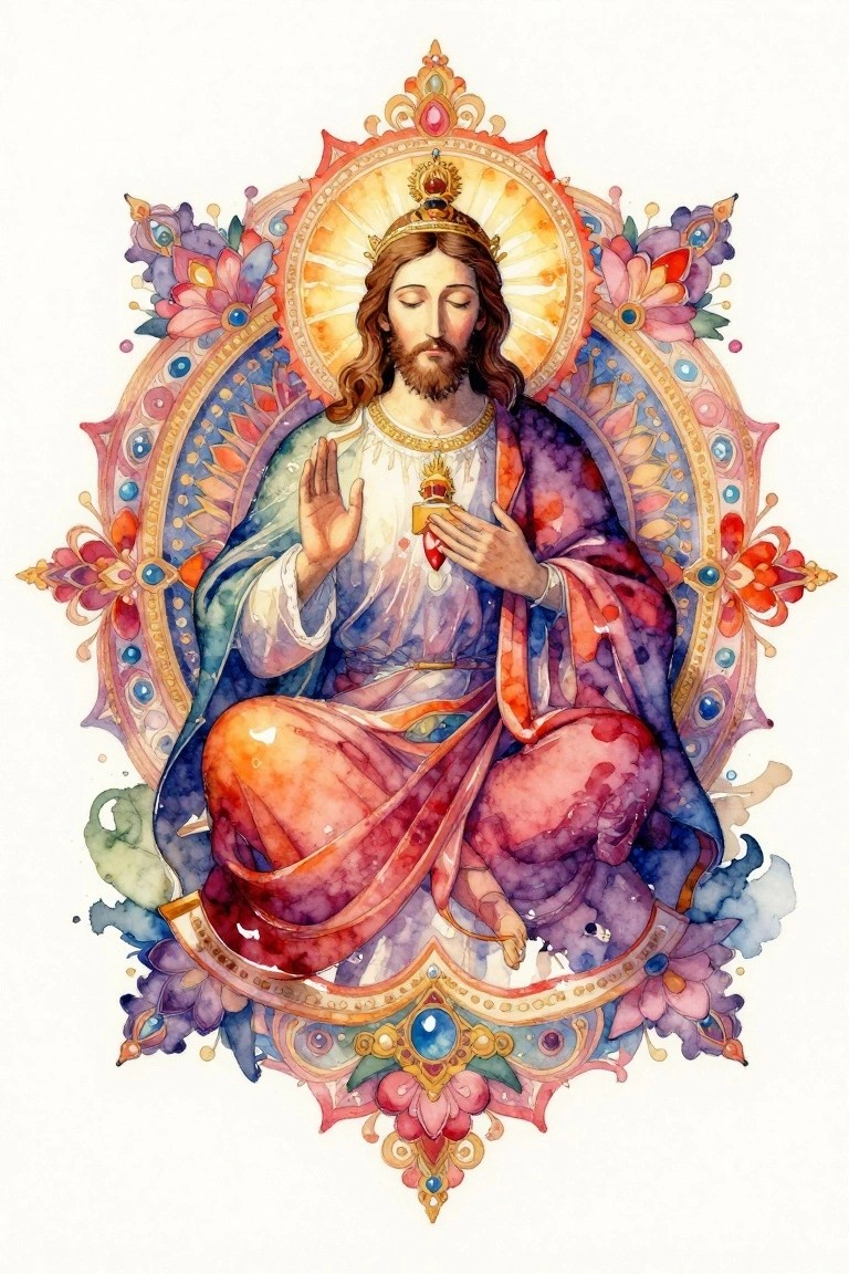 Watercolor portrait of seated Jesus holding his Sacred Heart inside an intricate colorful floral mandala frame.