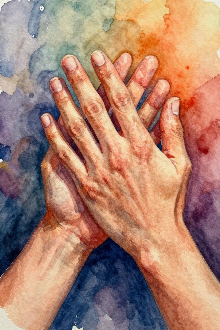 Watercolor of two detailed hands clasped together in prayer position over a vibrant abstract background.