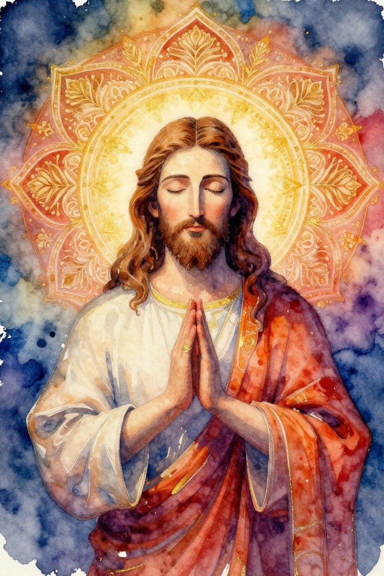 Watercolor portrait of Jesus with closed eyes and praying hands, surrounded by a golden mandala halo on a blue splattered background.