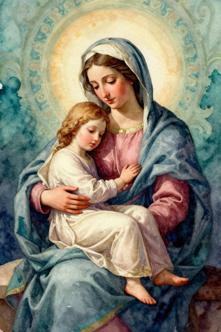 Watercolor painting of Virgin Mary in blue and pink robes holding blonde infant Jesus in white gown, framed by golden halo and blue ornamental background.