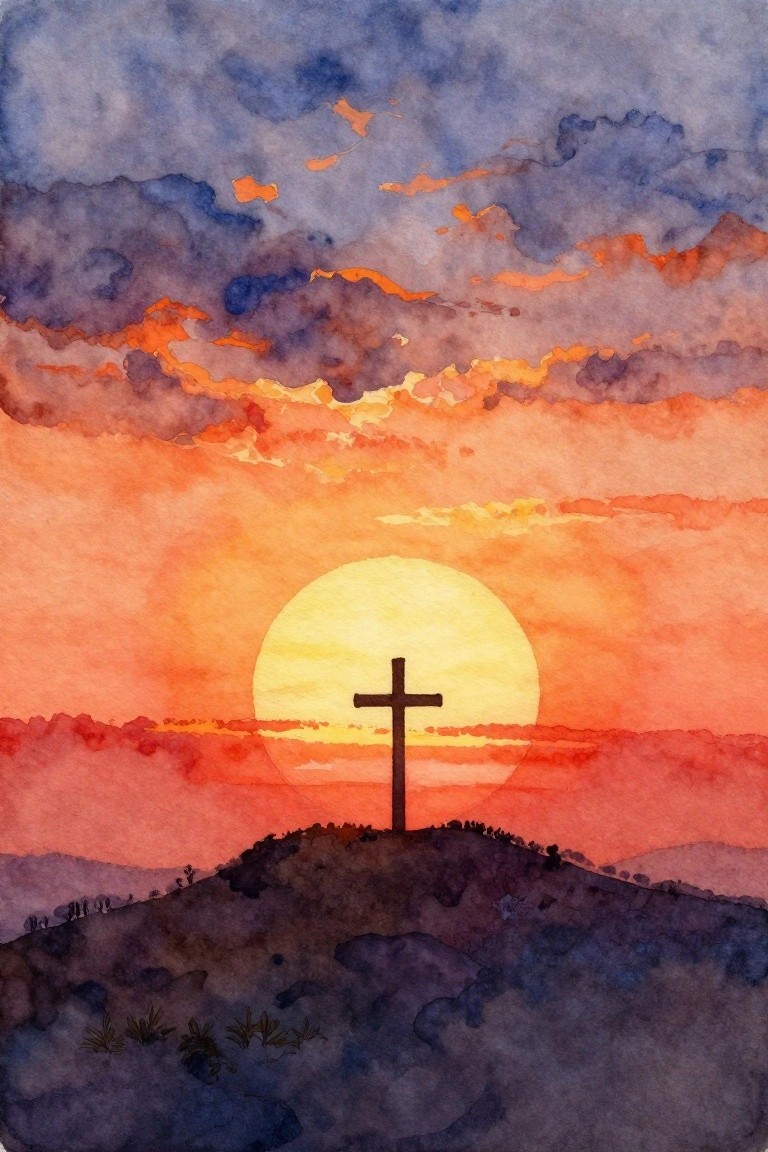 Watercolor-style landscape painting of a black cross silhouetted on a hill against a setting sun with purple-to-orange skies.