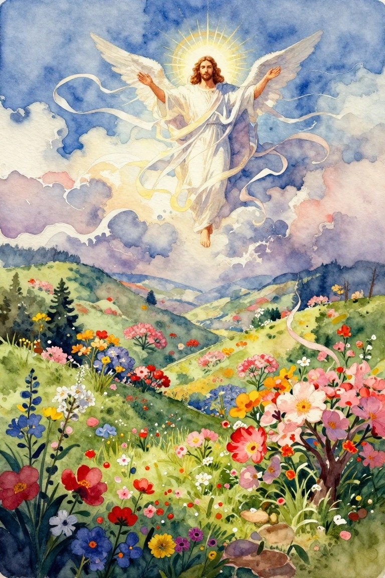 Watercolor of winged Jesus with halo and outstretched arms floating above a green valley with pine trees, rolling hills, mountains, and dense colorful wildflowers.
