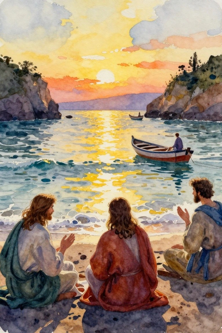 Watercolor of Jesus in red robe and two disciples on beach with hands raised toward a boat on sunset sea framed by cliffs.