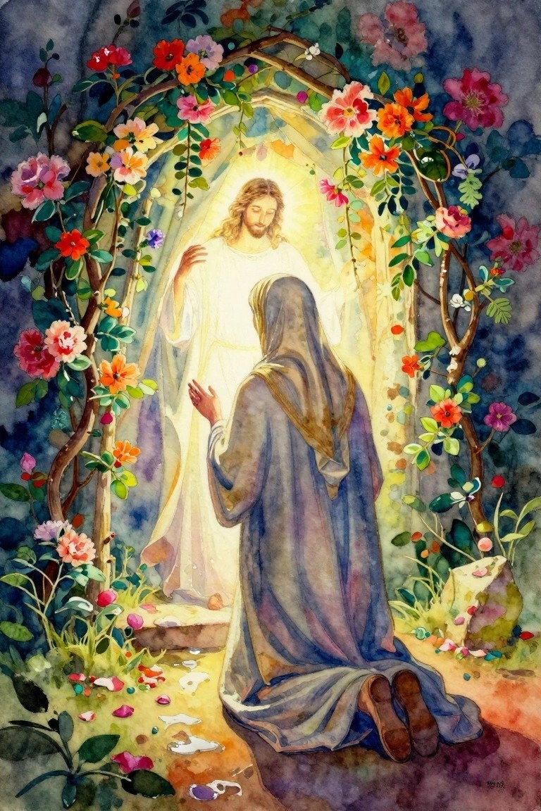 Watercolor of glowing Jesus in an archway of colorful flowers and vines, with a veiled woman kneeling on a garden path before him.