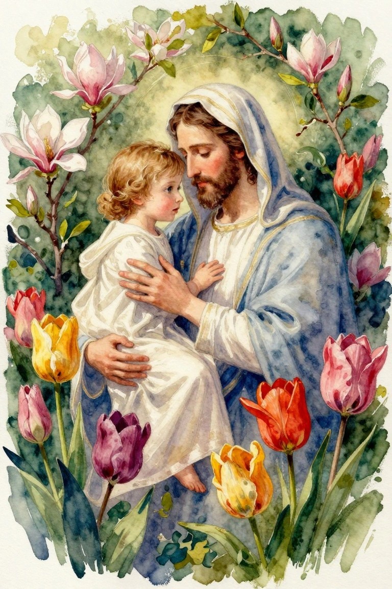 Watercolor painting of Jesus in blue and white robes holding a blonde toddler dressed in white, surrounded by pink magnolias and multicolored tulips on green stems.