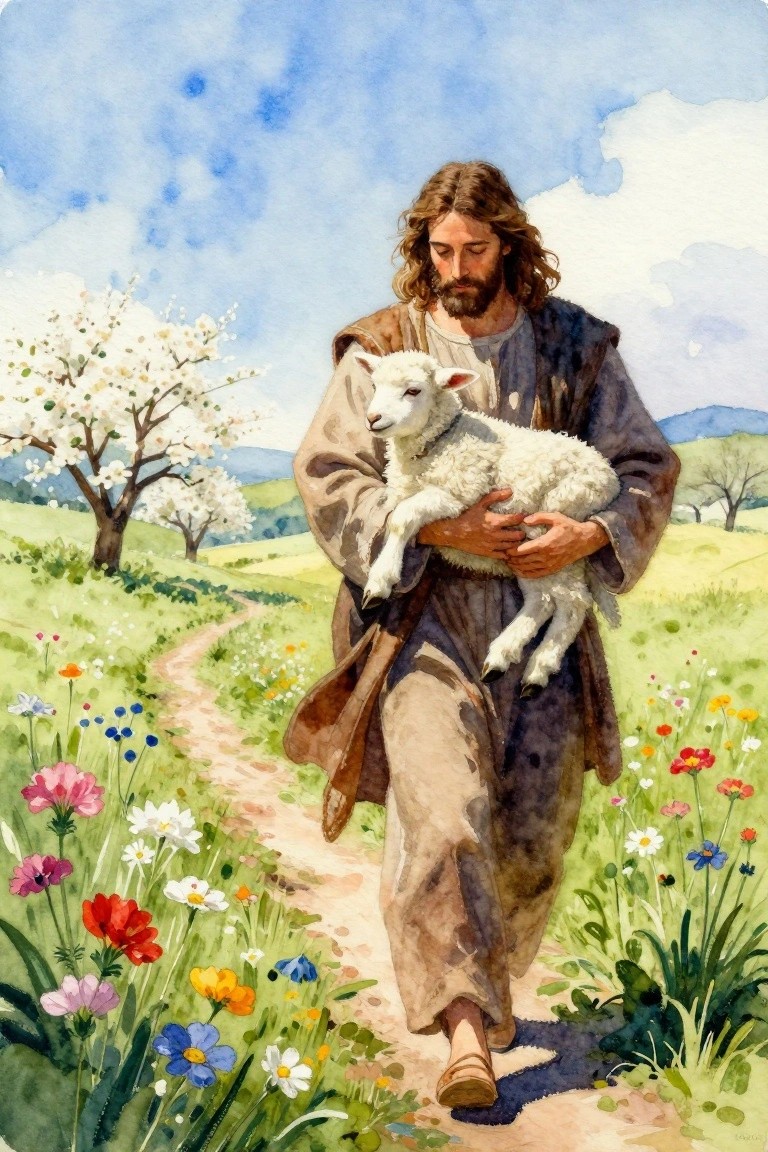 Watercolor of Jesus in robes carrying a white lamb on a path through green meadows, wildflowers, blossoming trees, and hills under a blue sky.