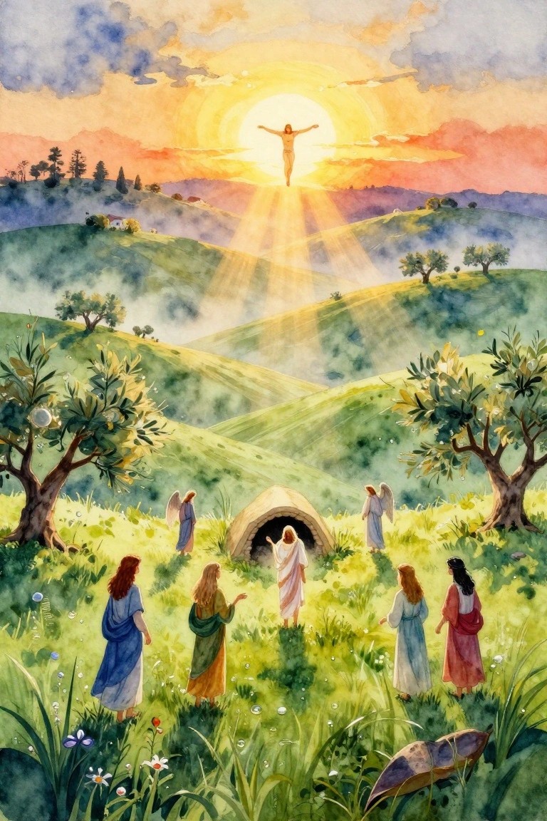 Watercolor of Jesus rising in the sun over hills, with light rays to an empty tomb, angel, and robed women in a green valley.