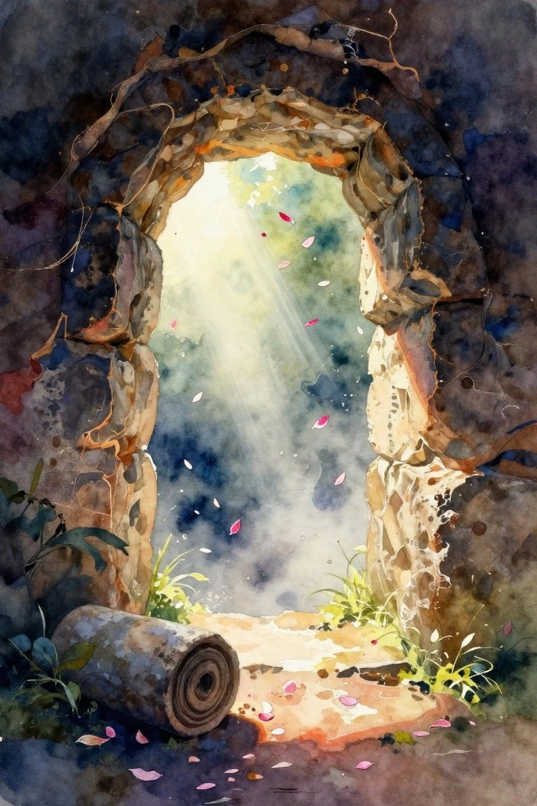 Watercolor painting of a dark stone archway opening to bright sunlight, pink petals, green plants, and a rolled wooden log on the threshold.