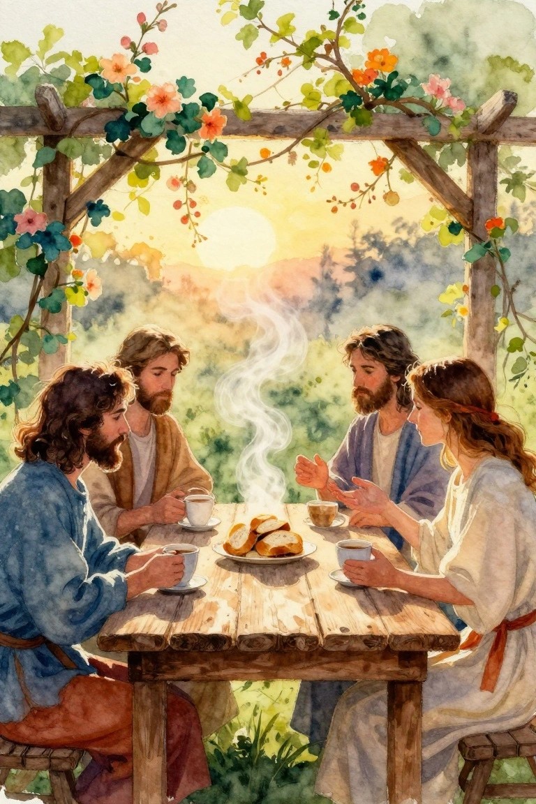Watercolor of Jesus and three disciples at a wooden table under a flower-covered arbor, drinking tea and eating buns at sunset with steam rising.