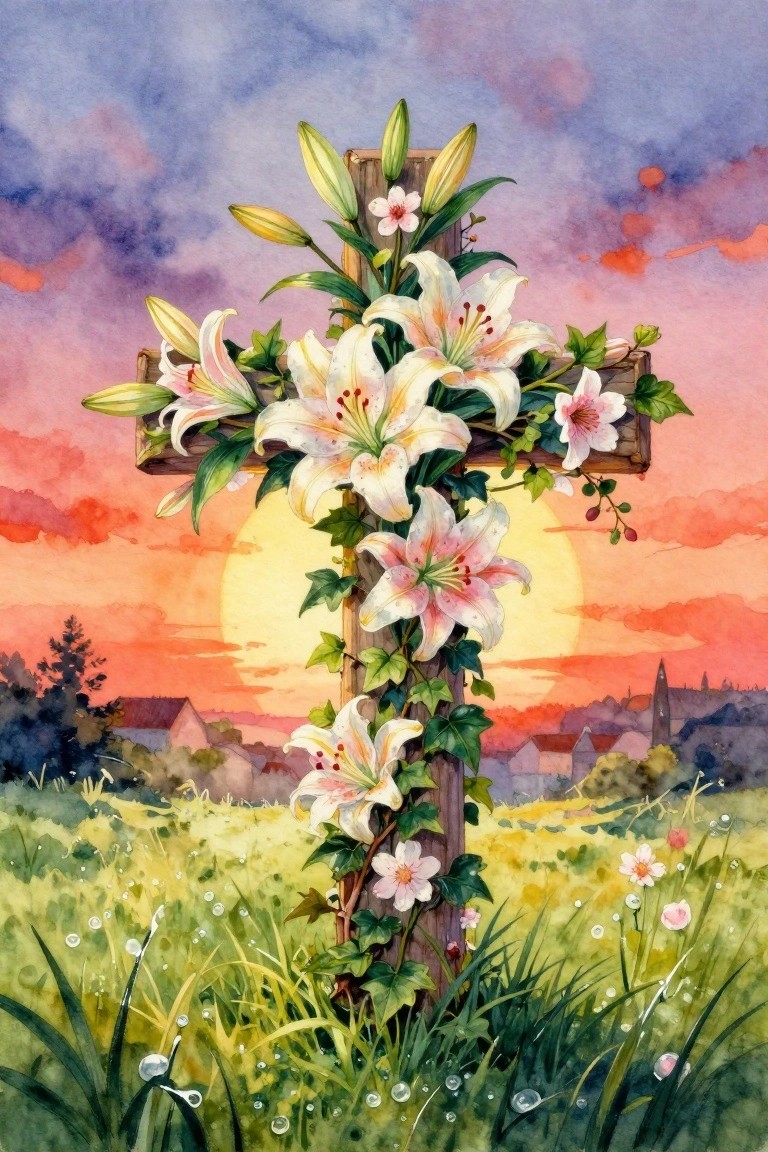 Watercolor of a wooden cross covered in white lilies and ivy in a dewy field at sunset, with a village in the background.