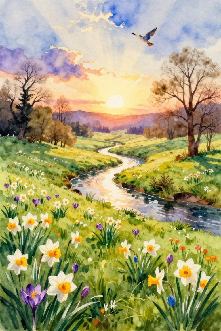 Watercolor painting of a golden sunset over a valley with a winding river through green meadows filled with daffodils and crocuses, bare trees on hills, purple clouds, and a flying bird.