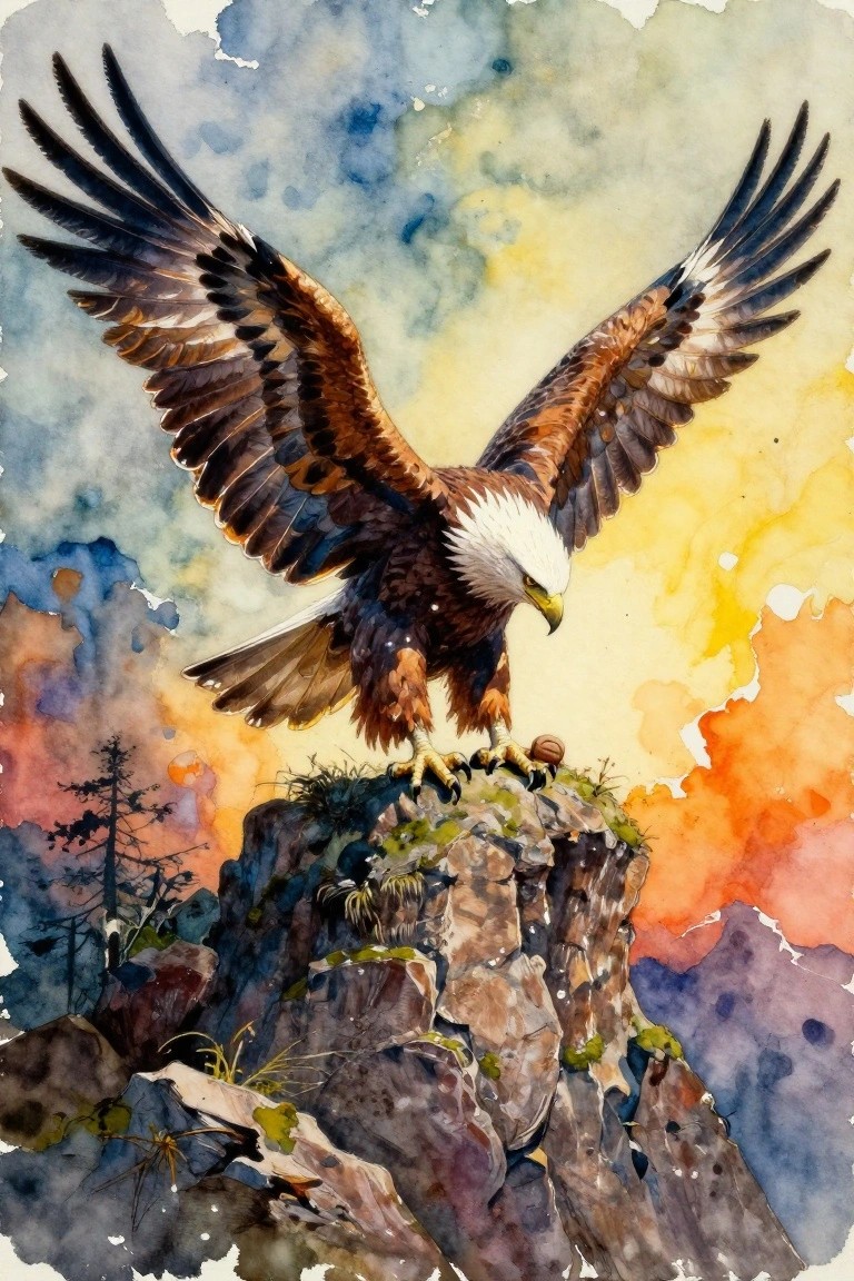 Watercolor painting of a bald eagle with wings spread wide, perched on a mossy rock against a vibrant sunset sky with trees.