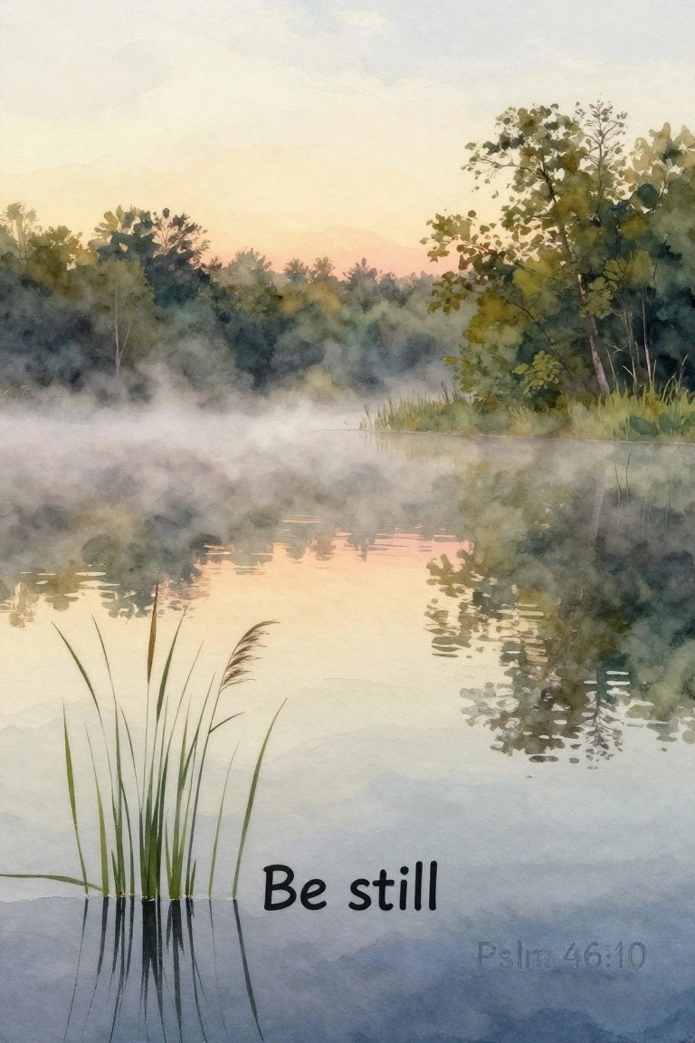 Watercolor landscape painting of a misty lake at dawn with foreground reeds reflecting in still water, distant trees, and overlaid text 