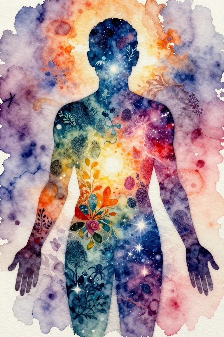 Watercolor painting of a back-view human silhouette filled with galaxies, stars, flowers, leaves, and fingerprint patterns in purple, blue, orange, and pink tones.