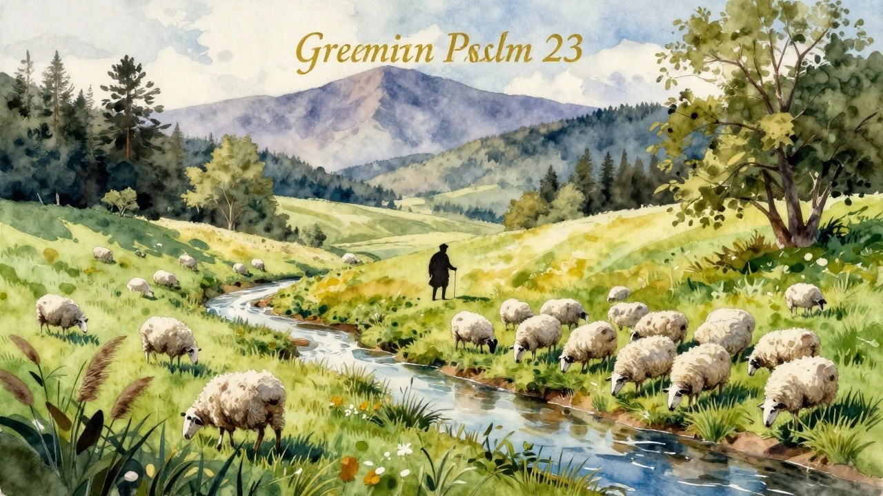 Watercolor landscape of green valley pastures, winding stream, sheep near trees, distant mountains, and Psalm 23,23 title.