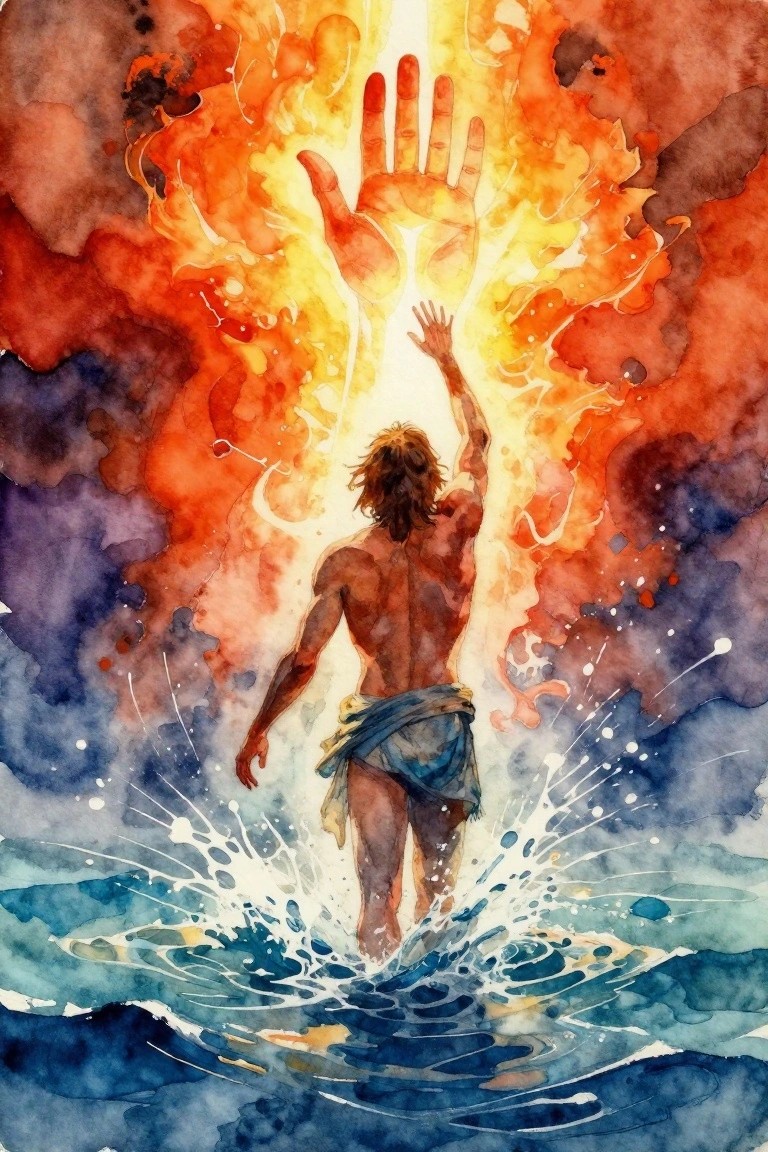 Watercolor-style painting of a muscular man seen from behind in a loincloth, reaching up from blue waves toward a large fiery hand descending from an orange sky.
