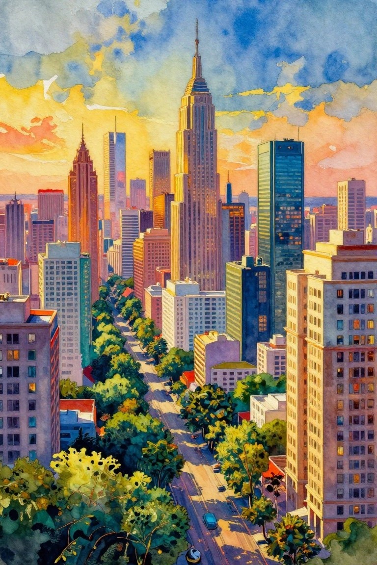 Watercolor painting of a New York City skyline at sunset featuring the Empire State Building, skyscrapers, a tree-lined avenue, and a blue-orange sky.