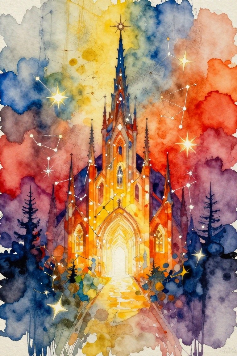 Watercolor painting of a glowing gothic cathedral with open doors at the end of a lit path, surrounded by starry constellations, dark trees, and a vibrant cosmic sky.