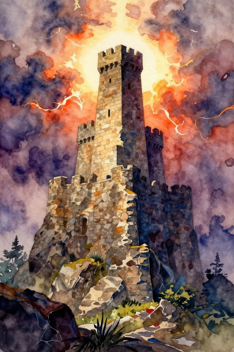 Watercolor painting of a tall stone tower on rocks glowing with light under a stormy purple and orange sky with lightning.