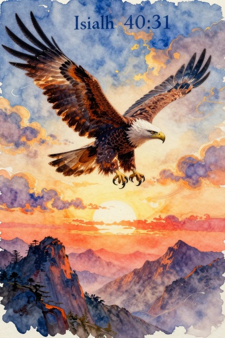 Watercolor painting of a bald eagle flying over mountains at sunset with Isaiah 40:31 text at top.