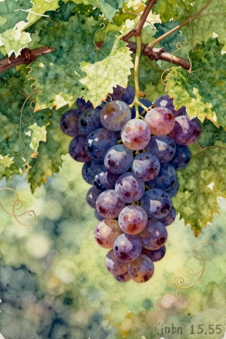 Watercolor still life of purple grapes hanging from vines with green leaves and John 15:5 reference.