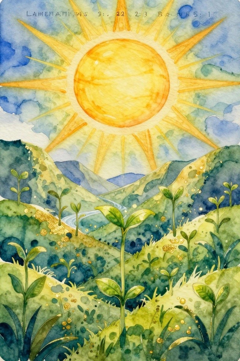 Watercolor landscape of yellow sun with rays over green hills, valley plants, gold specks, blue sky, and river, topped with Lamentations 3:22-23 text.