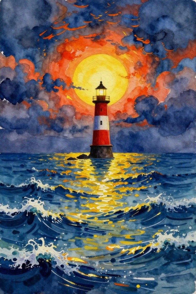 Watercolor of a red-and-white lighthouse on ocean rocks at sunset with the sun haloed behind the tower, stormy purple clouds, and golden waves.