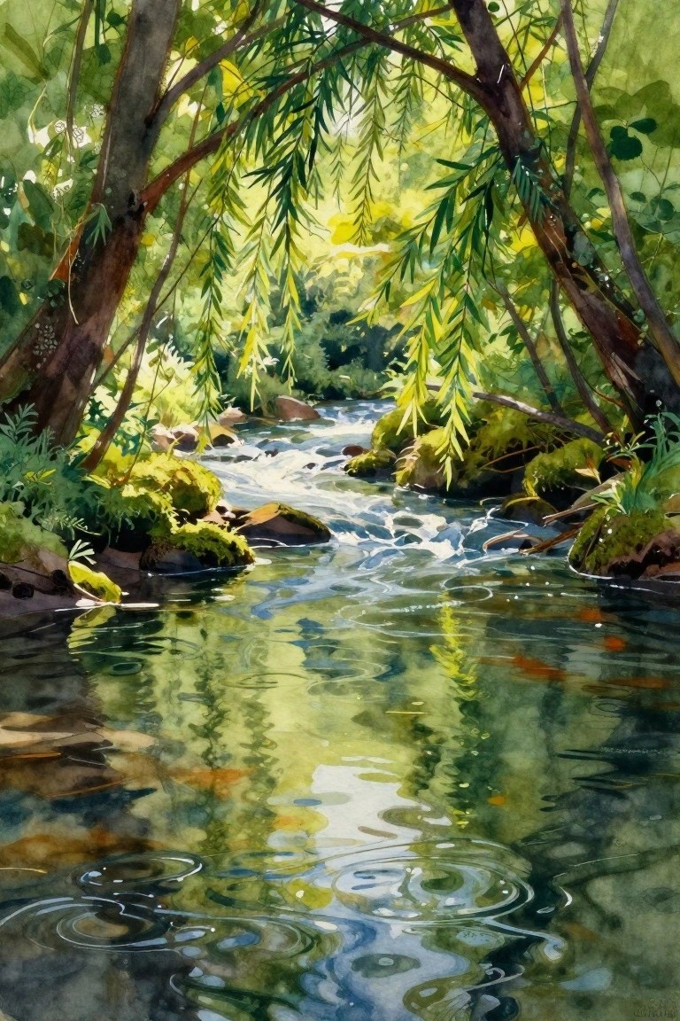 Watercolor of weeping willows arching over a stream with rocks, moss, reflections, ripples, and orange koi fish.