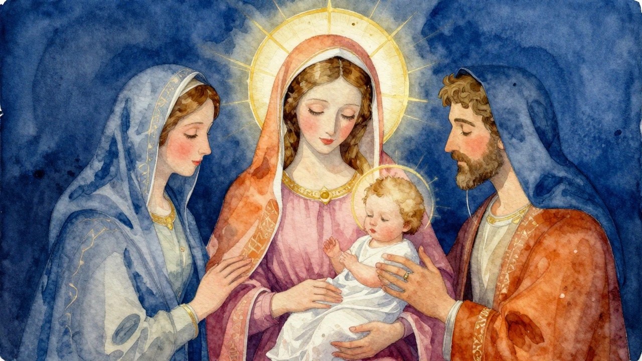 Watercolor painting of Joseph, Mary holding baby Jesus, all with golden halos on a blue background.