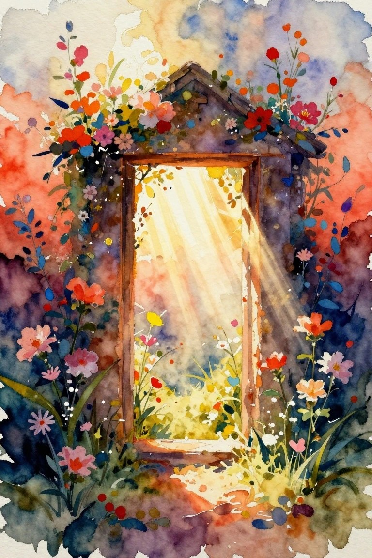 Watercolor painting of a wooden arched doorway overgrown with pink, red, orange, and blue flowers, sunlight rays beaming through to a garden path.
