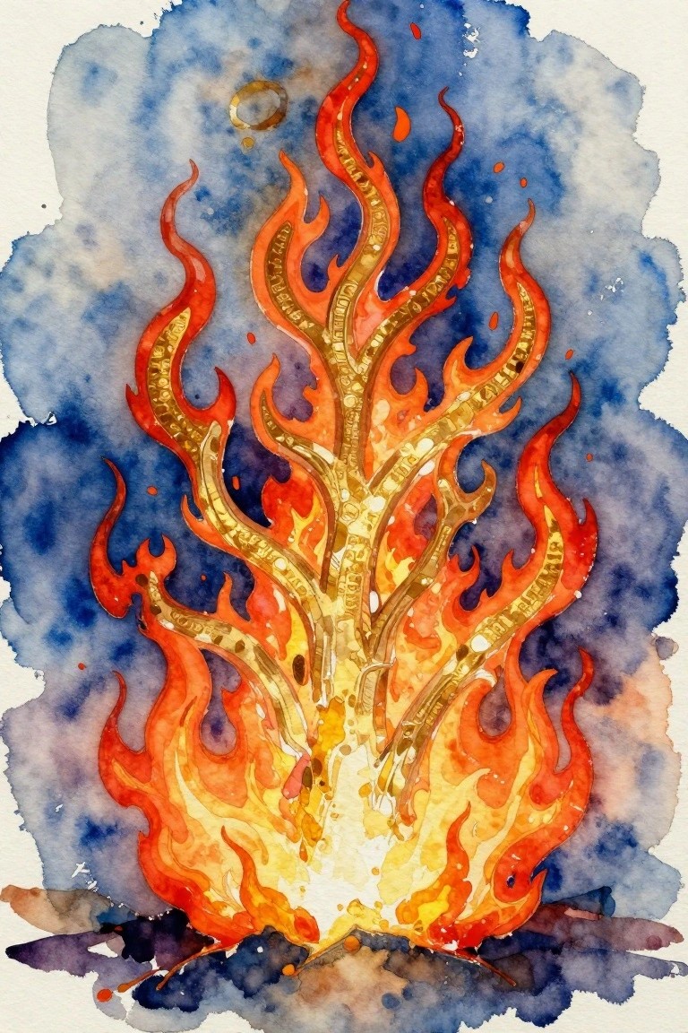 Watercolor artwork of a golden-branched tree shaped from red and orange flames on a blue background with a small circle above.