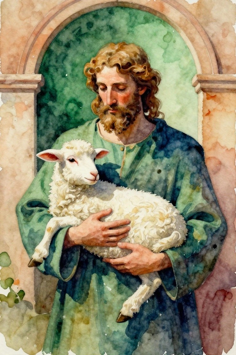 Watercolor painting of a bearded man in green robe holding a white lamb in a green-arched niche.