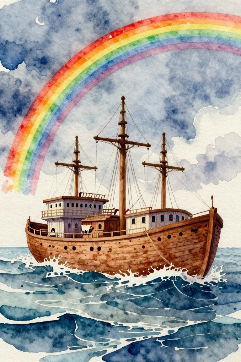 Watercolor painting of a wooden ark on blue waves under a rainbow arch with clouds, moon, and animals on deck.