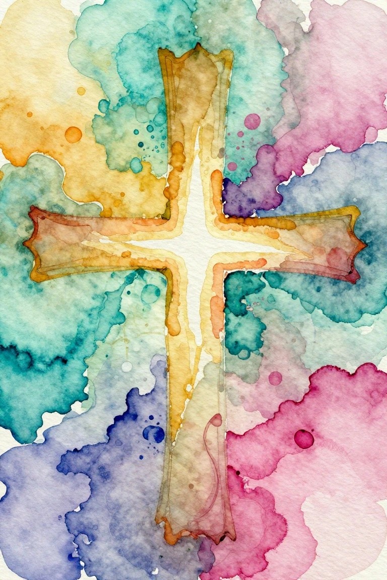 Watercolor painting of a glowing golden cross centered amid overlapping splashes of teal, pink, yellow, purple, and orange.