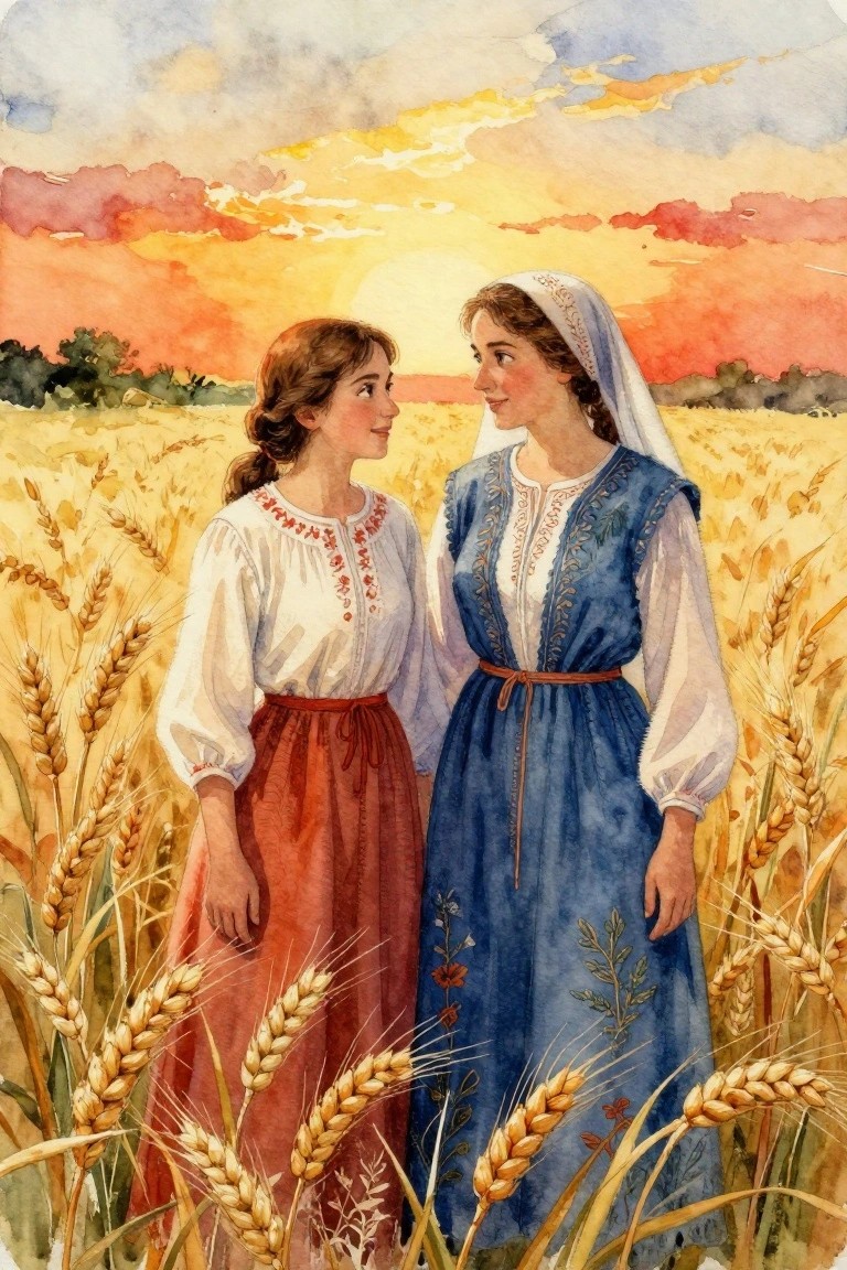 Watercolor painting of two young women in embroidered white blouses, one with a red skirt and the other a blue vest and skirt, standing together in a golden wheat field at sunset.