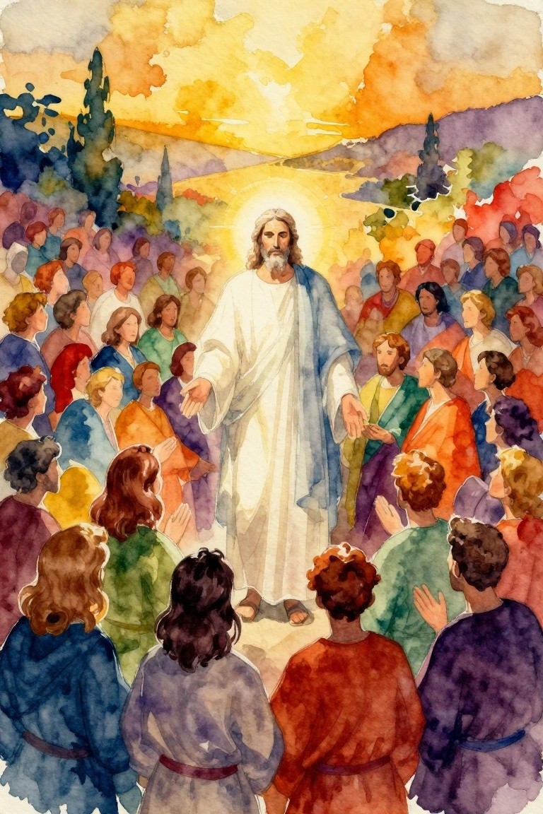 Watercolor of Jesus preaching to a surrounding crowd on a golden sunset hillside with trees and mountains.