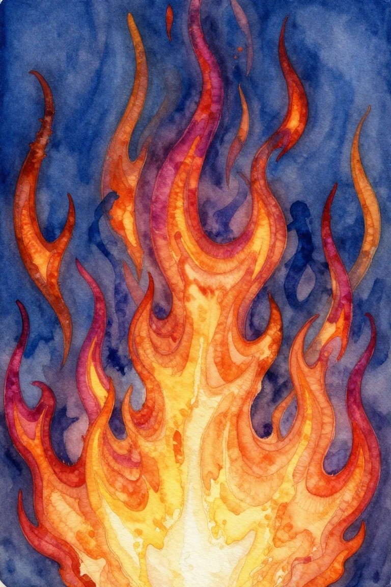 Watercolor flames in orange, red, and yellow rise vertically on a deep blue background, enclosing a central blue silhouette of a standing figure with arms raised.