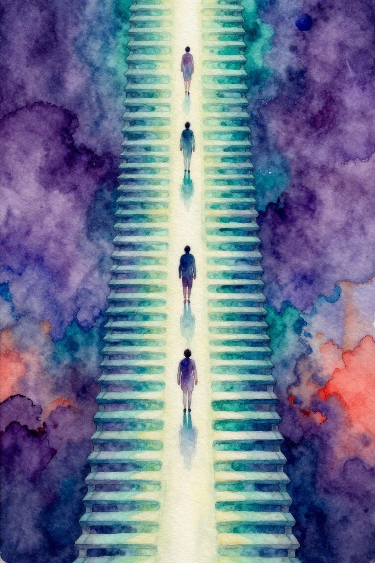 Watercolor of five dark silhouetted figures ascending a tall glowing teal staircase into bright light, framed by purple misty backgrounds.