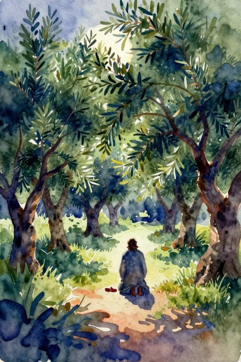 Watercolor painting of a blue-robed figure kneeling on a dirt path in an olive grove under a full moon, with arched green trees and grass surroundings.