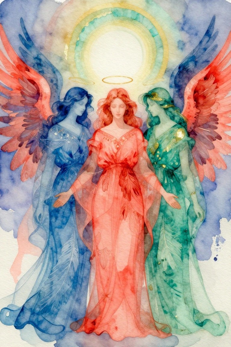 Watercolor of three ethereal winged women in blue, red, and green gowns holding hands beneath a golden halo and radiant aura.